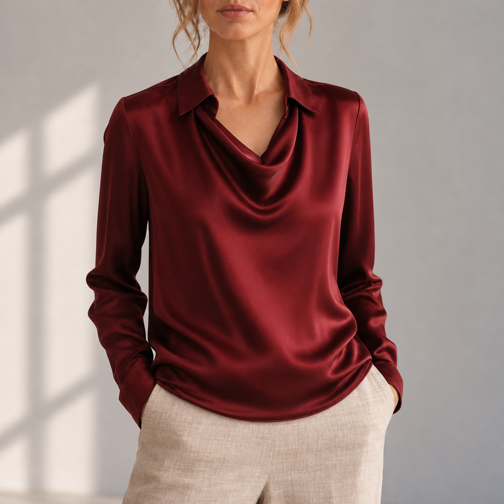 Frigiliana Draped Neck Satin Blouse in Red