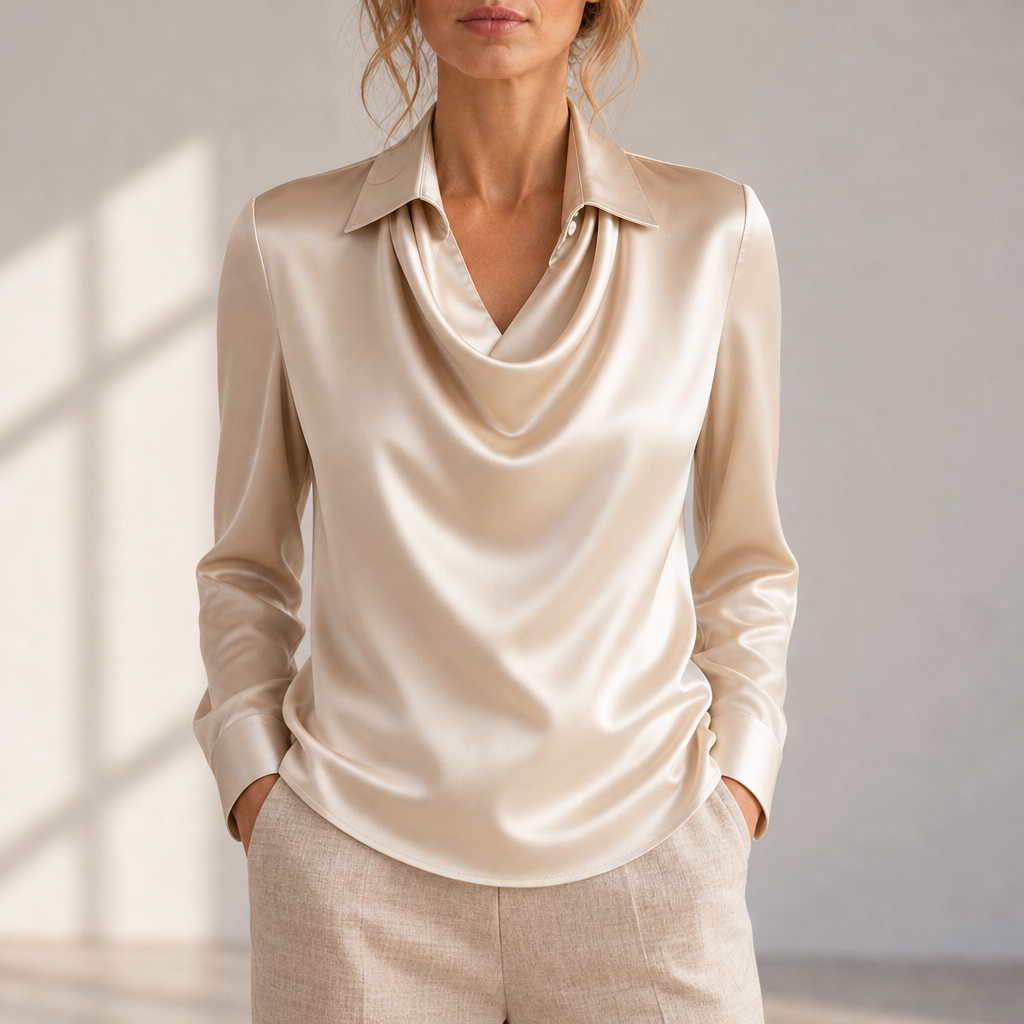 Frigiliana Draped Neck Satin Blouse in Champagne