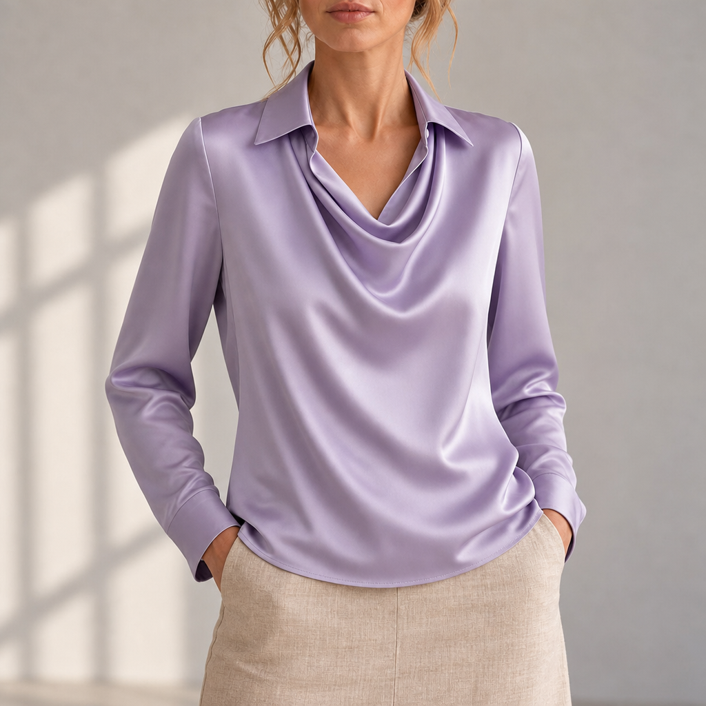 Frigiliana Draped Neck Satin Blouse in Purple