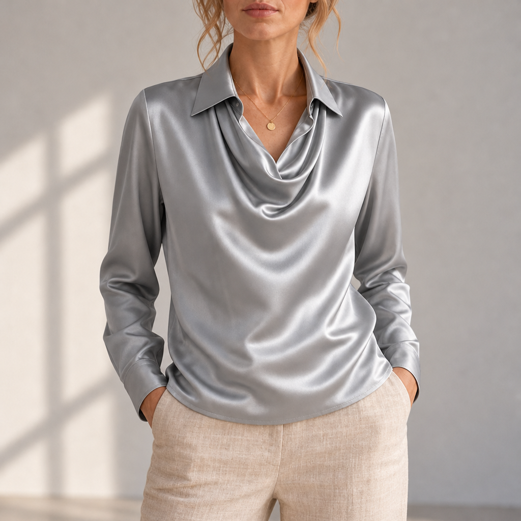 Frigiliana Draped Neck Satin Blouse in Gray