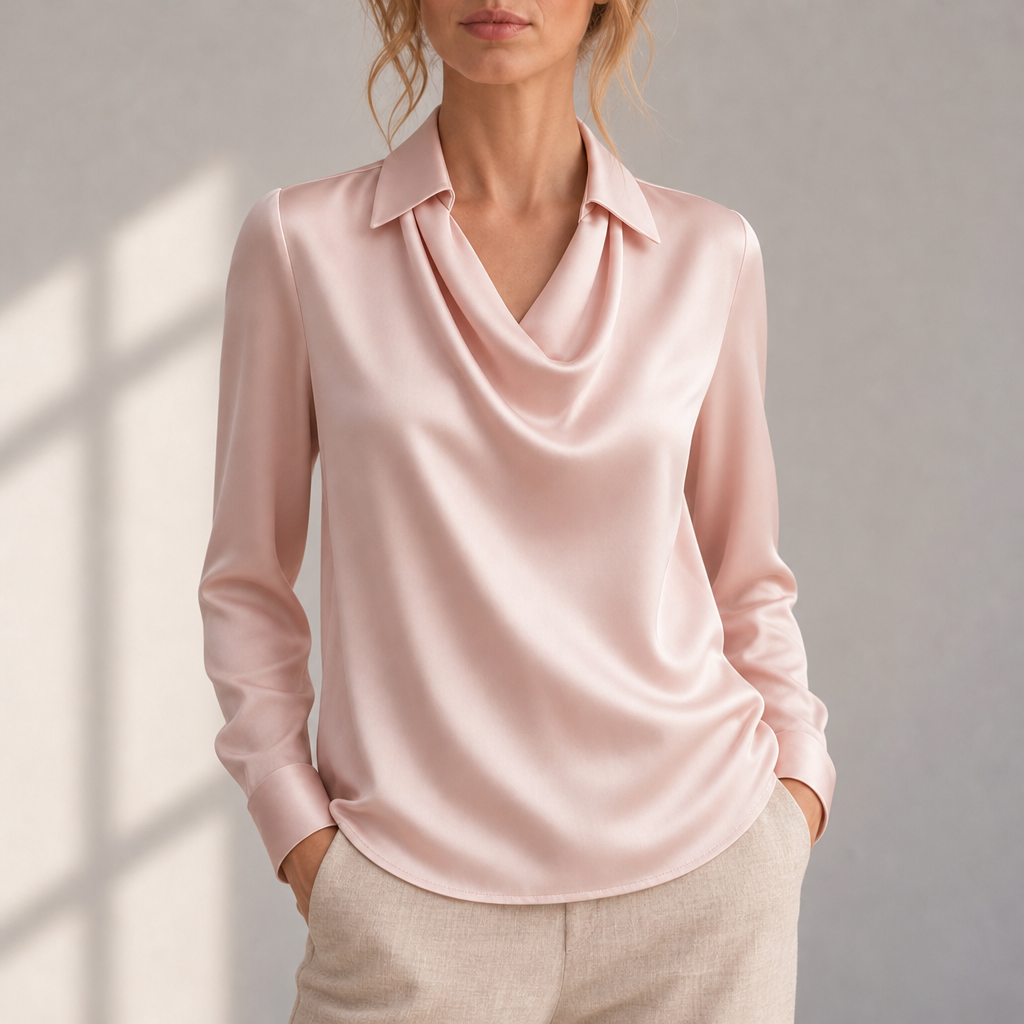 Frigiliana Draped Neck Satin Blouse in Pink