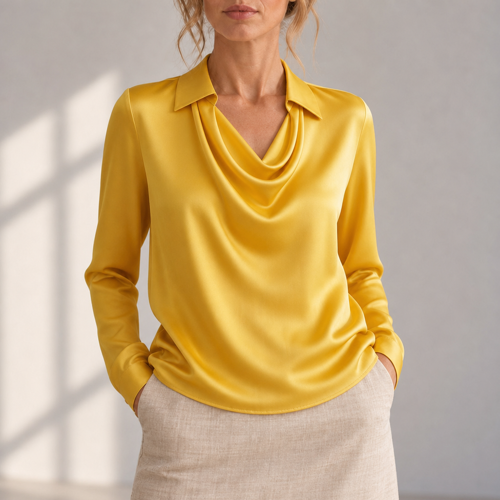 Frigiliana Draped Neck Satin Blouse in Yellow