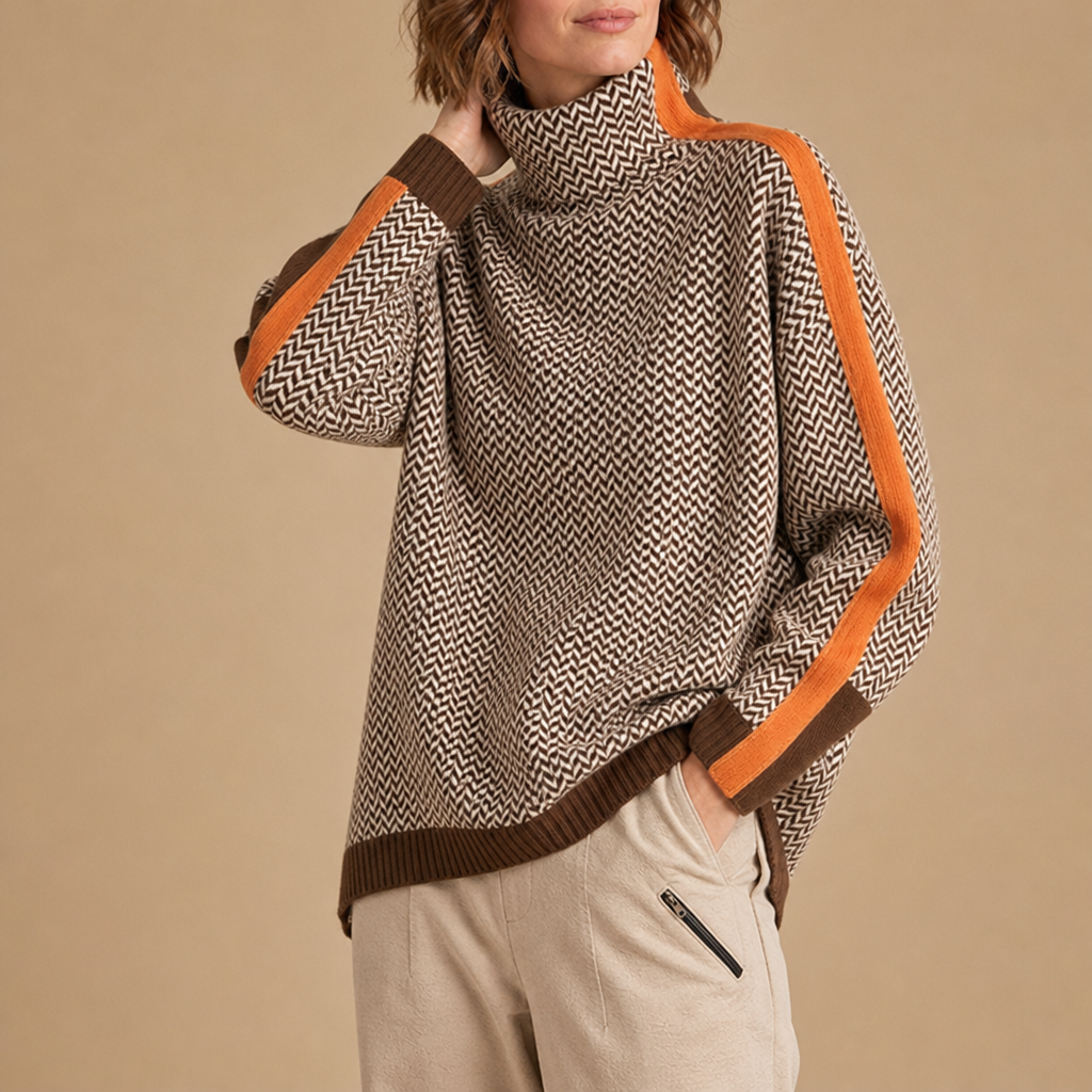 Gordes Chevron Stripe Turtleneck Sweater in Orange