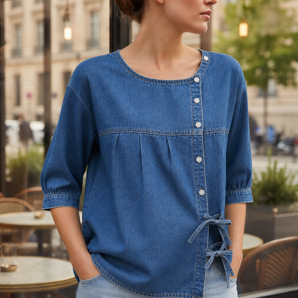 Grasse Denim Bow Blouse in Blue