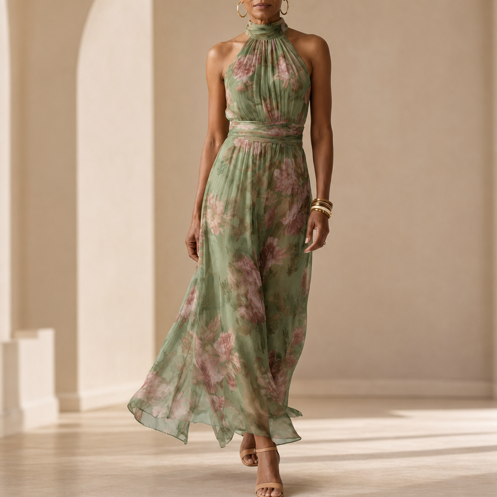 Gythio Floral Halter Maxi Dress in Sage Green