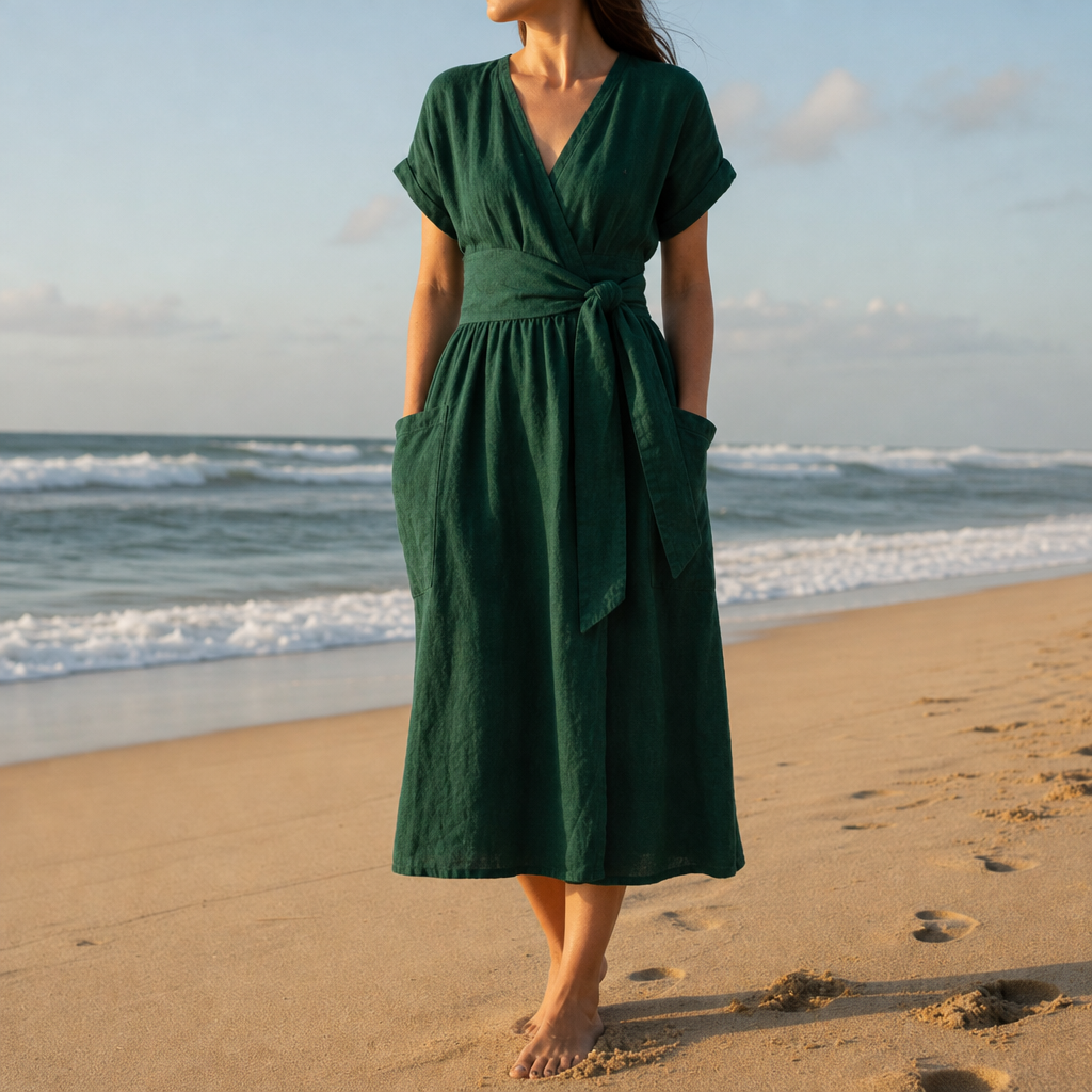 Hyeres Linen Wrap Midi Dress in Green
