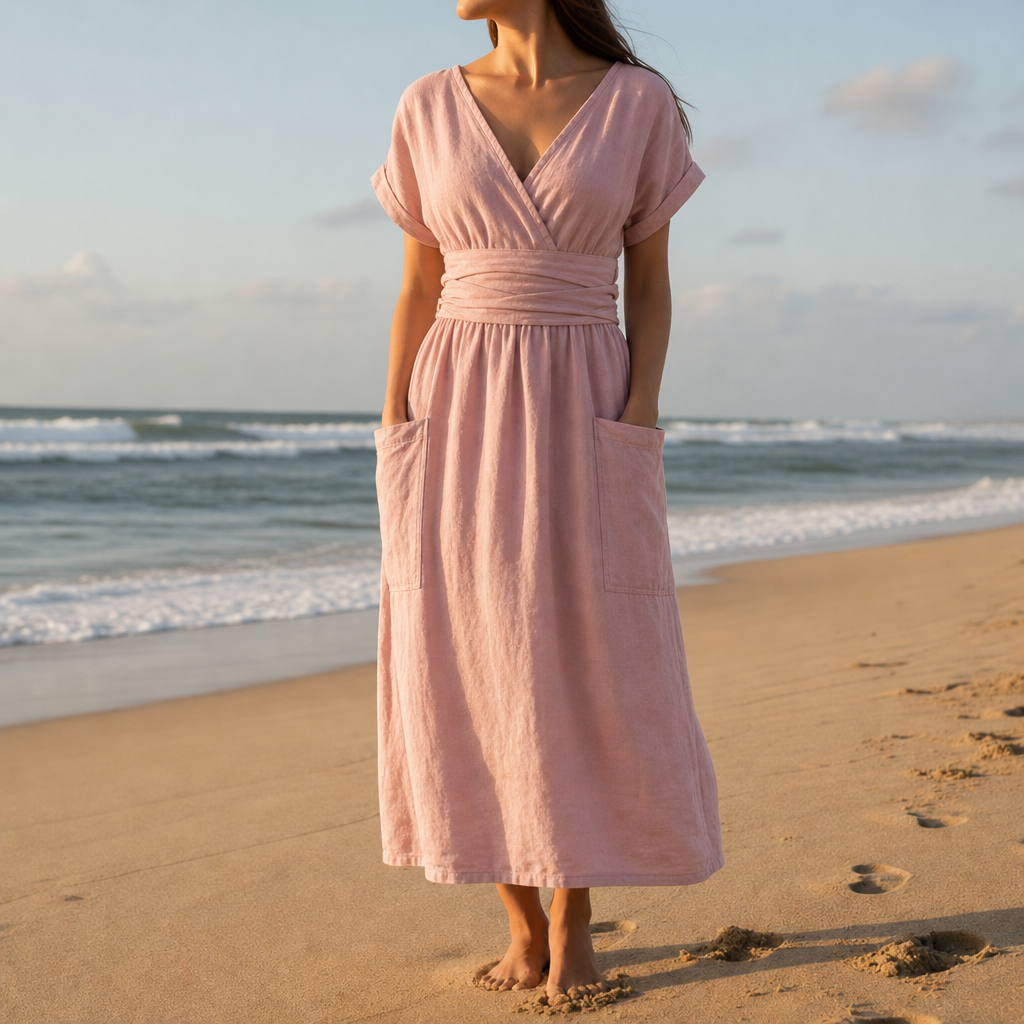 Hyeres Linen Wrap Midi Dress in Pink