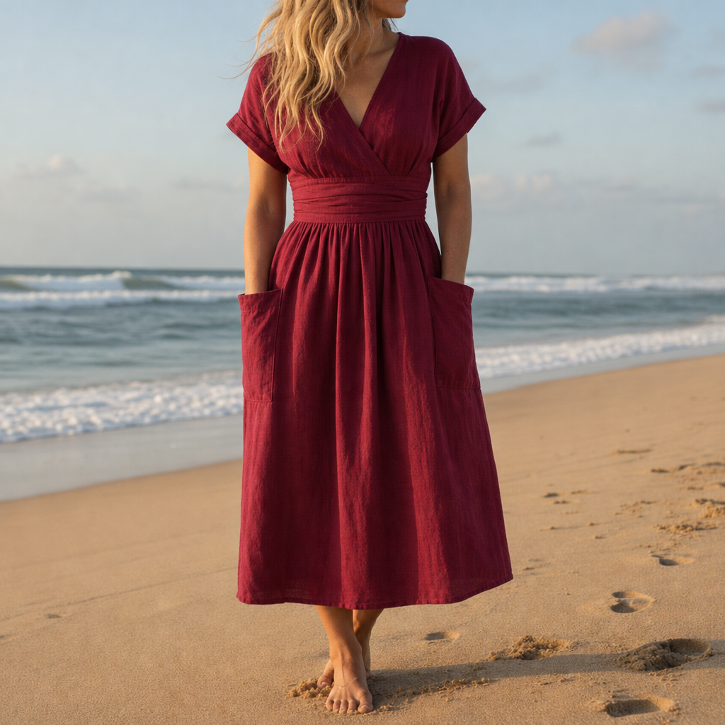 Hyeres Linen Wrap Midi Dress in Red