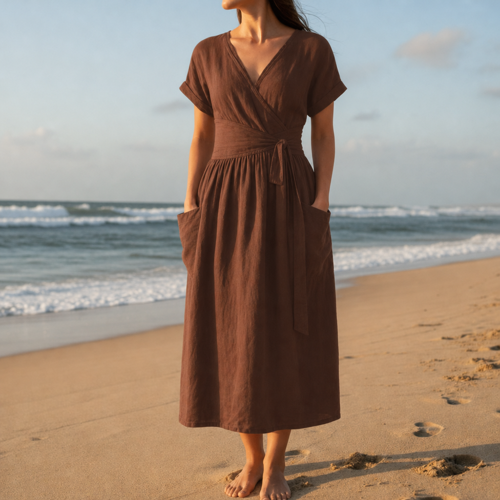 Hyeres Linen Wrap Midi Dress in Brown