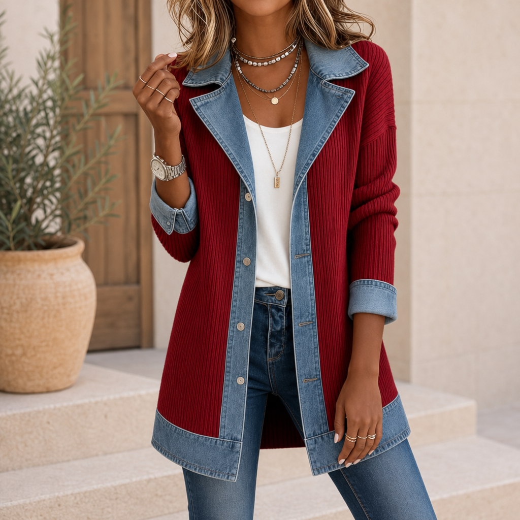 Ios Denim Trim Cardigan Jacket in Red