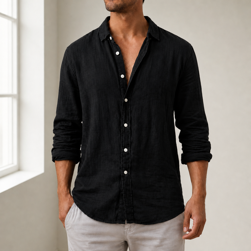 Javea Linen Button-Down Shirt in Black