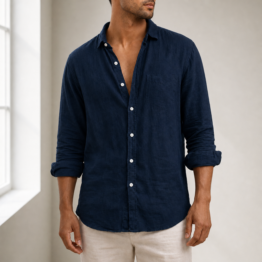 Javea Linen Button-Down Shirt in Navy