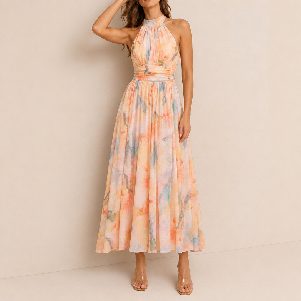 Jerez Floral Halter Maxi Dress in Peach