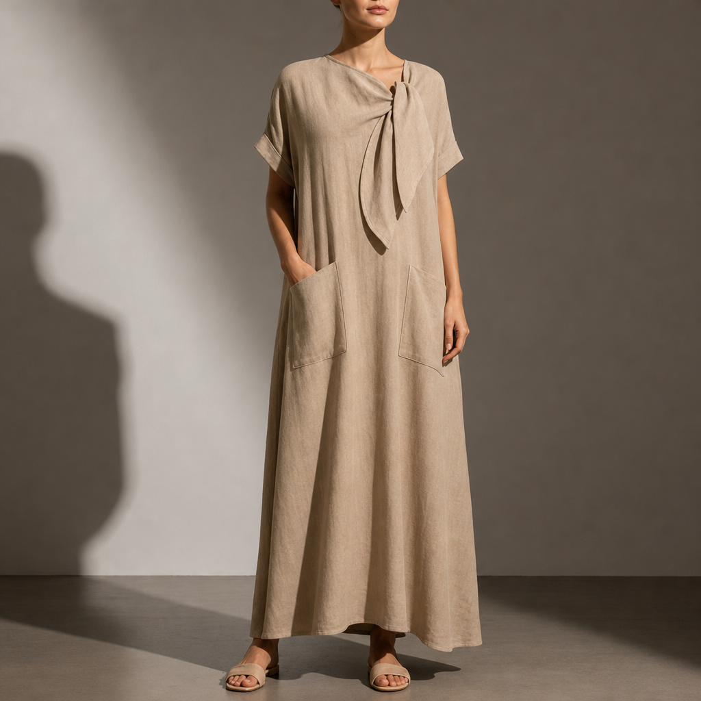 Kakopetria Bow Neck Maxi Dress in Khaki