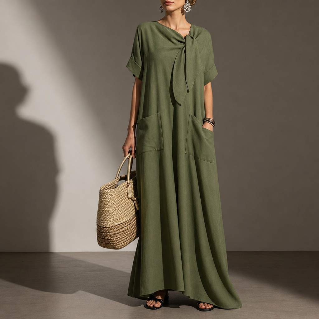 Kakopetria Bow Neck Maxi Dress in Army Green