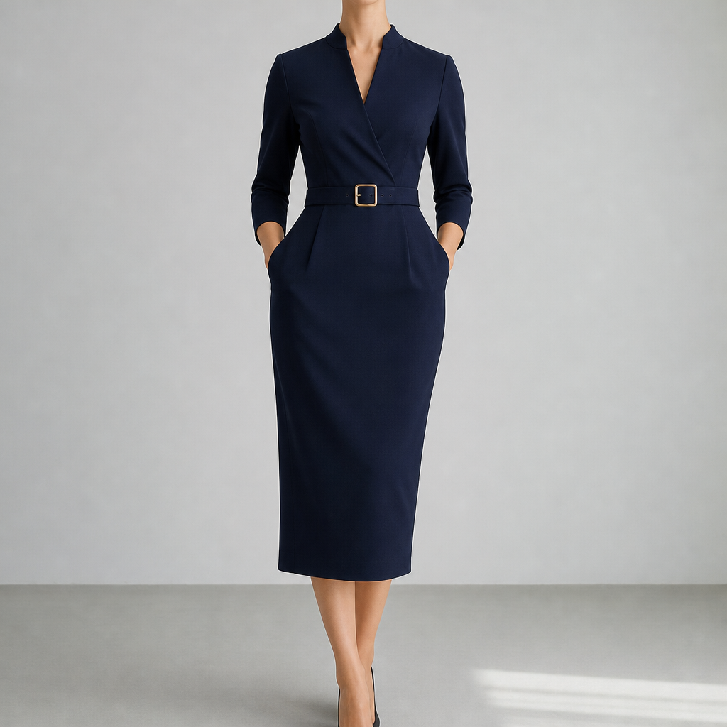 Kalymnos Belted Bodycon Midi Dress in Navy
