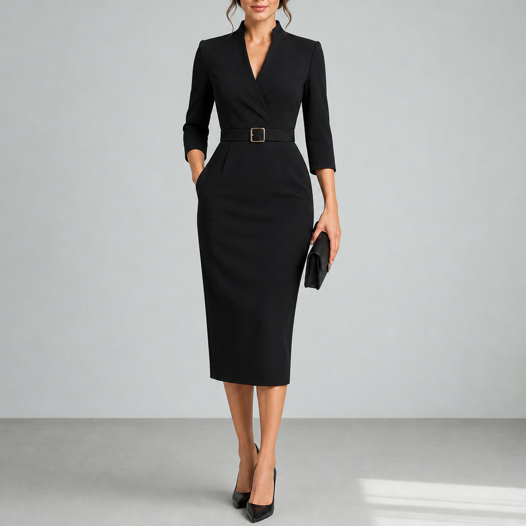Kalymnos Belted Bodycon Midi Dress in Black