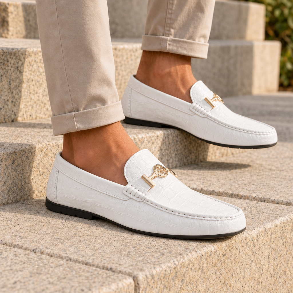 Kea Croc Leather Loafers in White