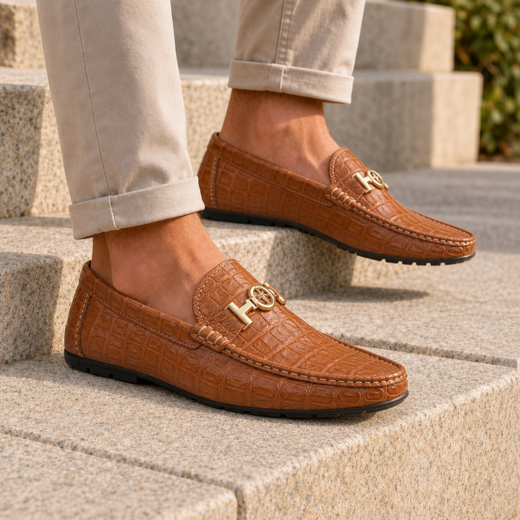 Kea Croc Leather Loafers in Brown