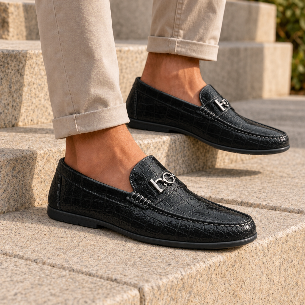 Kea Croc Leather Loafers in Black