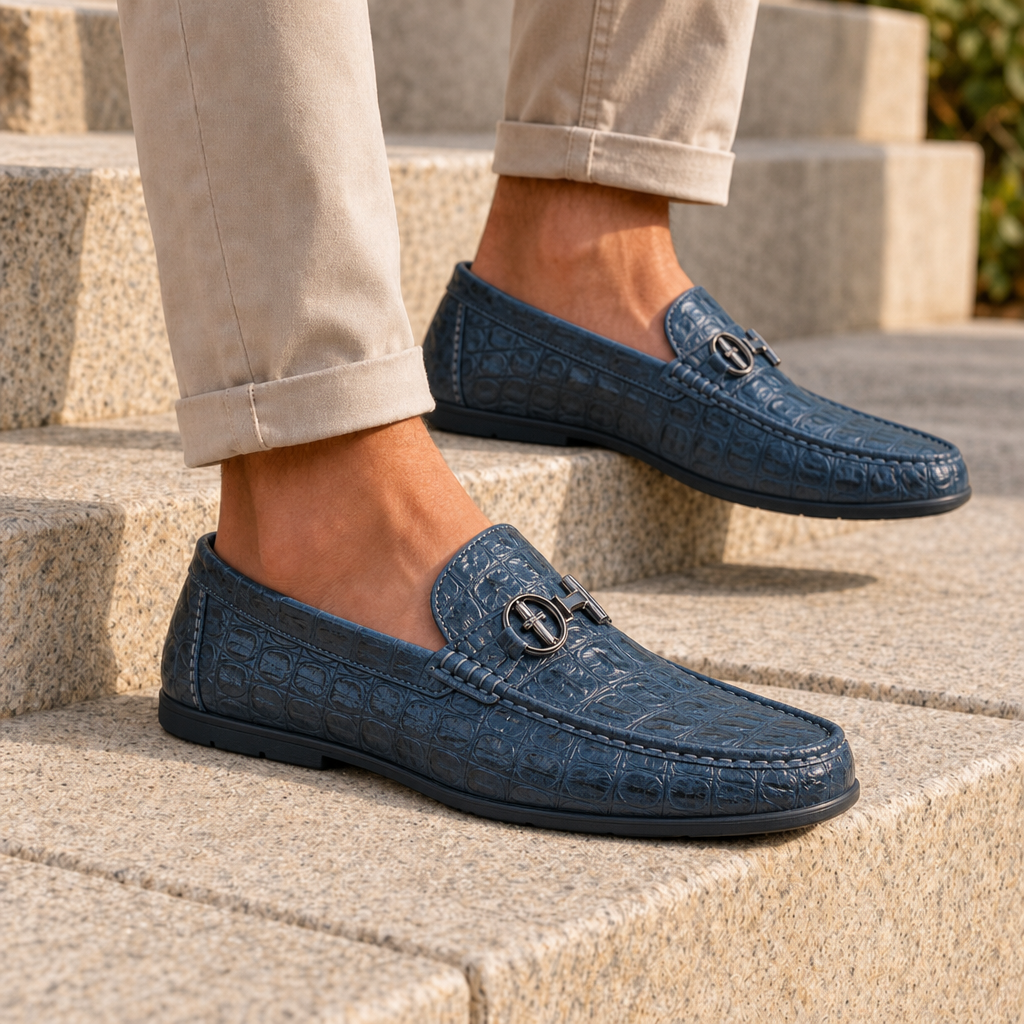 Kea Croc Leather Loafers in Blue