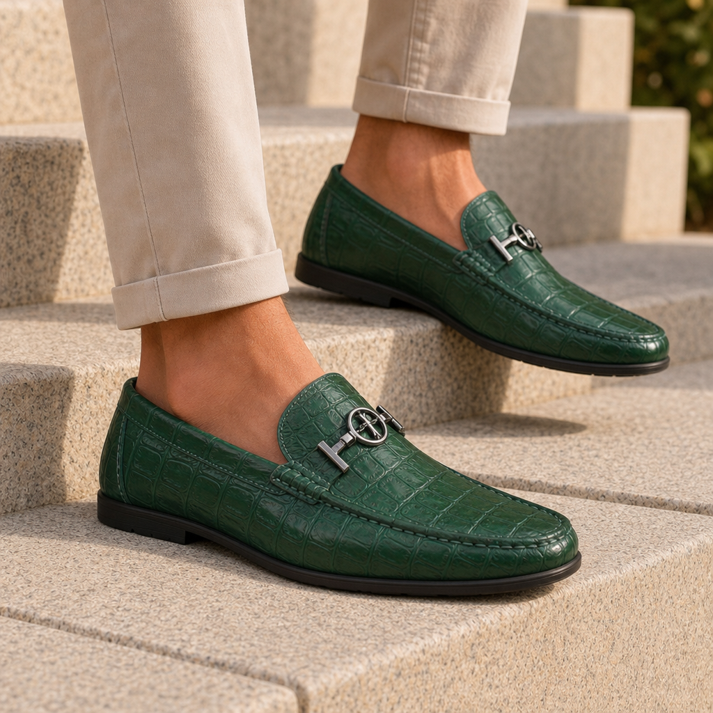Kea Croc Leather Loafers in Green