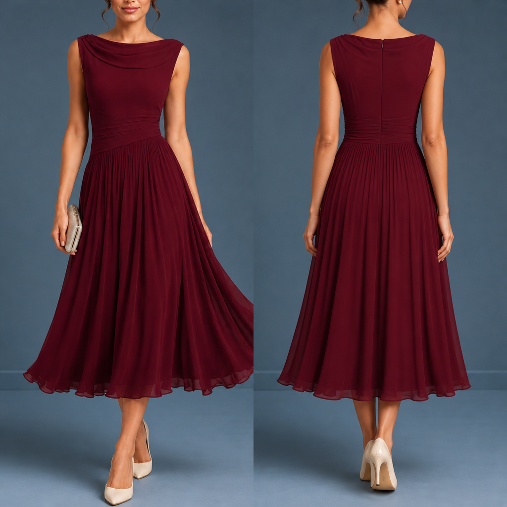 Kos Pleated Chiffon Midi Dress in Red