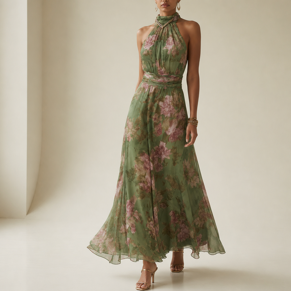 Leros Floral Halter Maxi Dress in Green