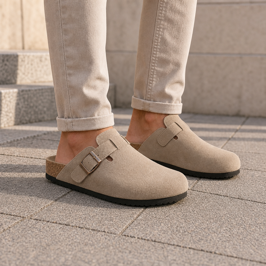 Limassol Suede Buckle Clogs in Beige