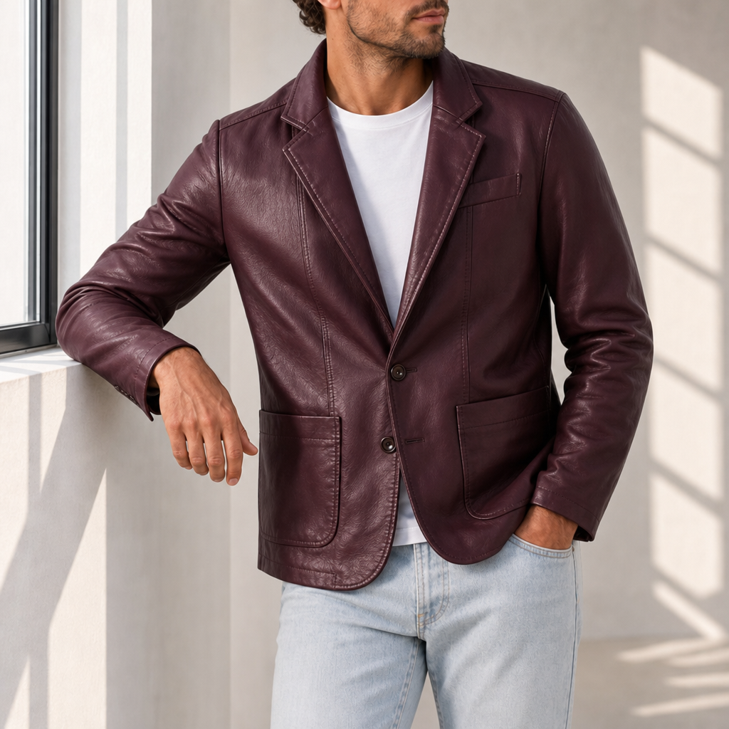 Lourmarin Leather Blazer Jacket in Burgundy Red