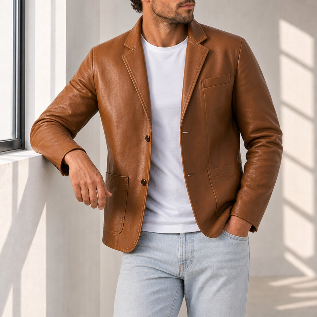 Lourmarin Leather Blazer Jacket in Cognac Brown