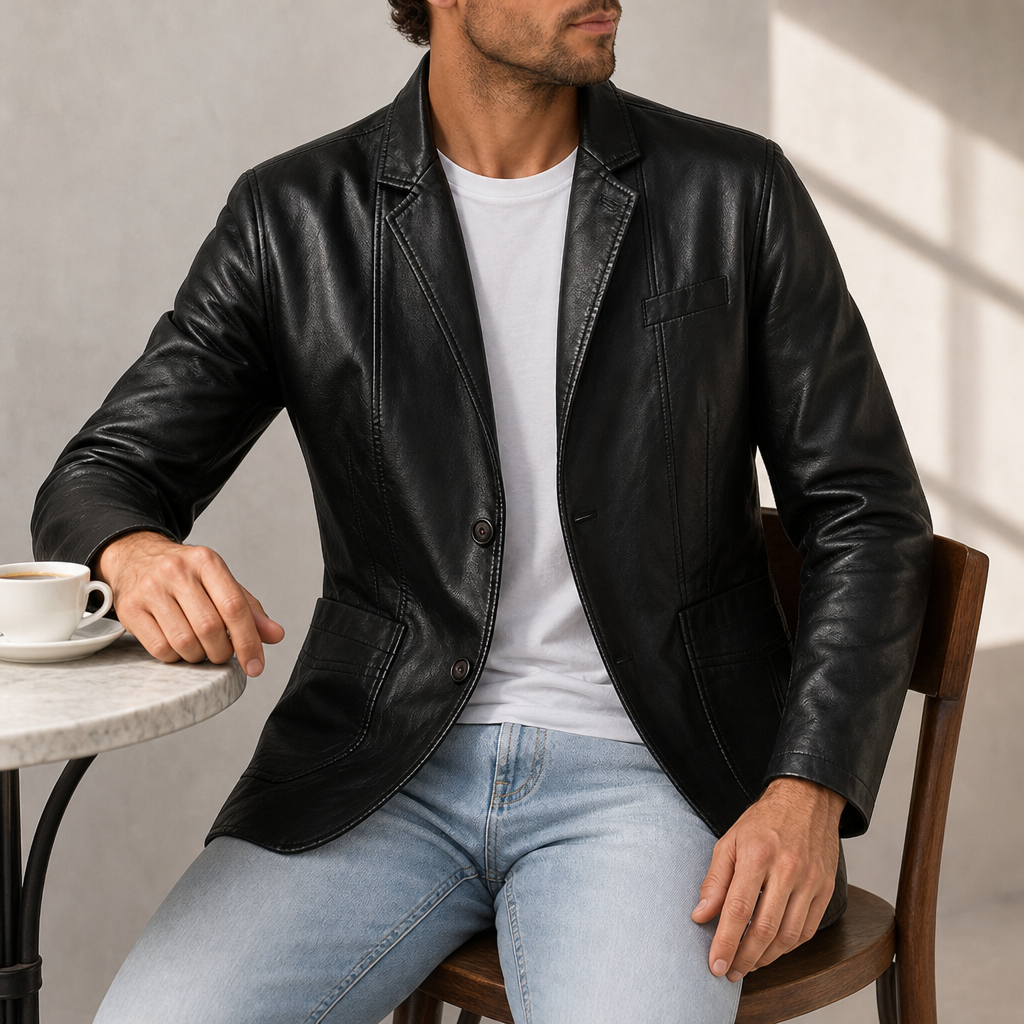Lourmarin Leather Blazer Jacket in Obsidian Black