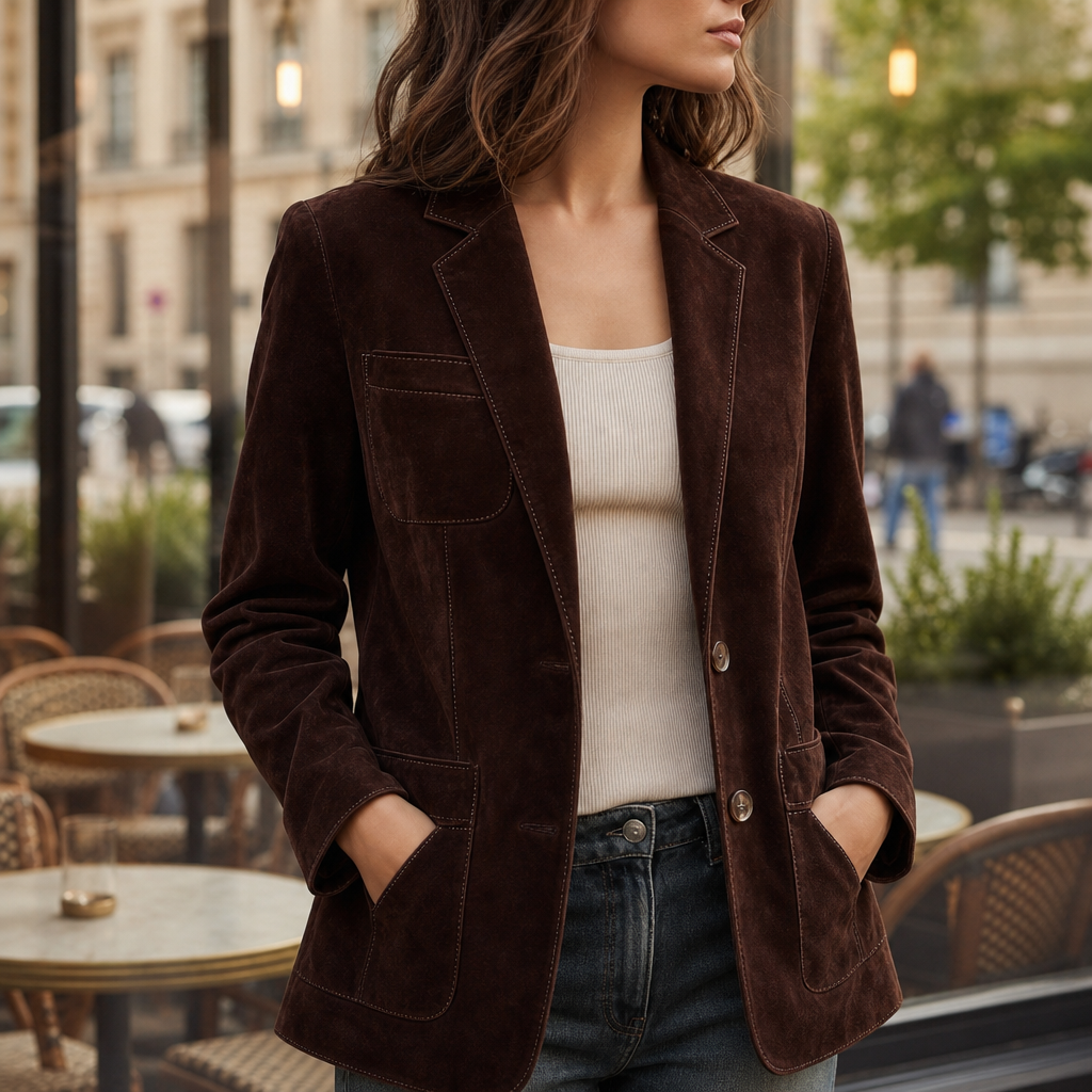 Menton Suede Button-Front Blazer in Dark Brown