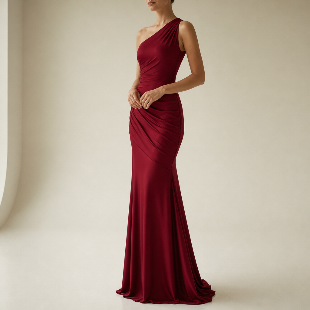 Merano One Shoulder Satin Gown in Red