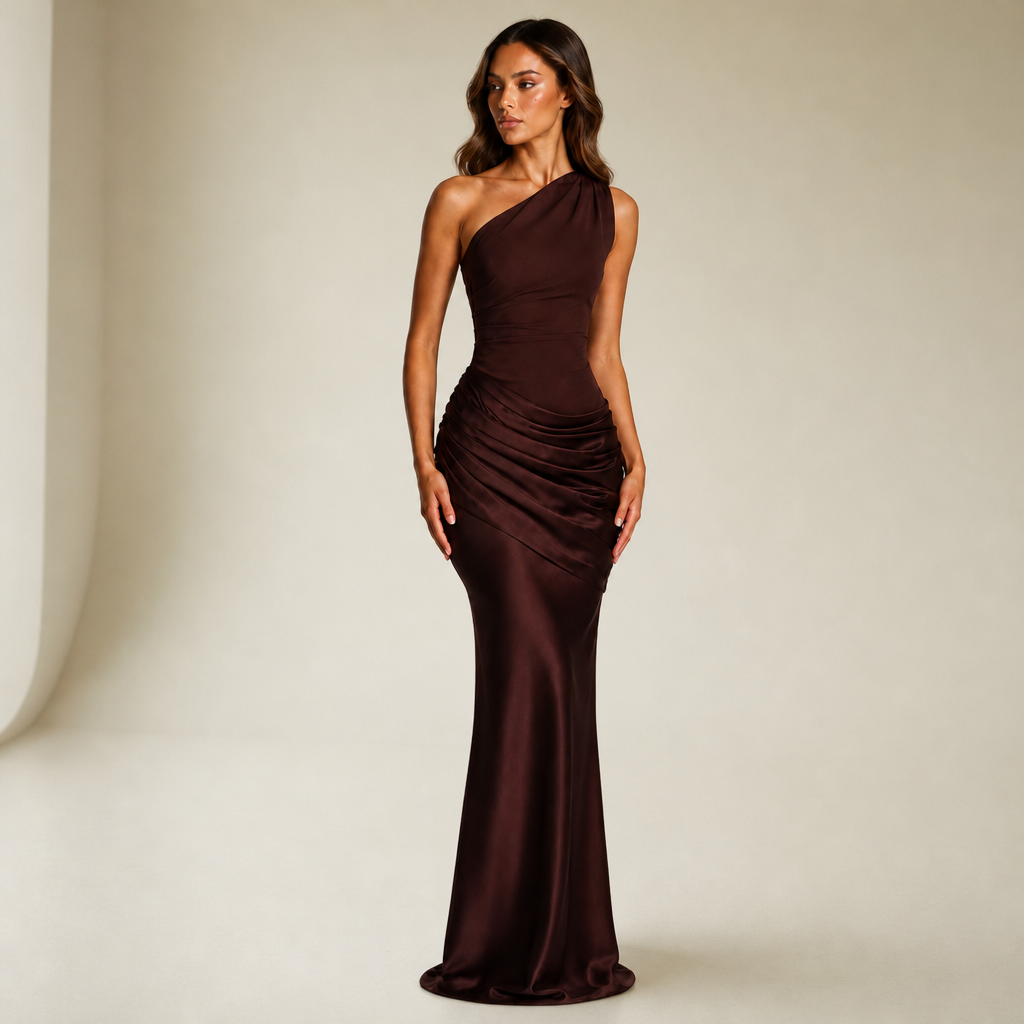 Merano One Shoulder Satin Gown in Brown