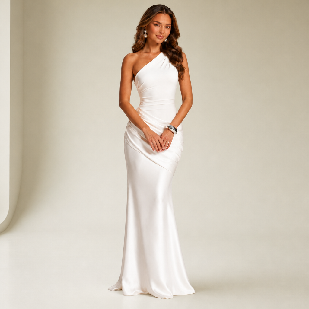 Merano One Shoulder Satin Gown in White