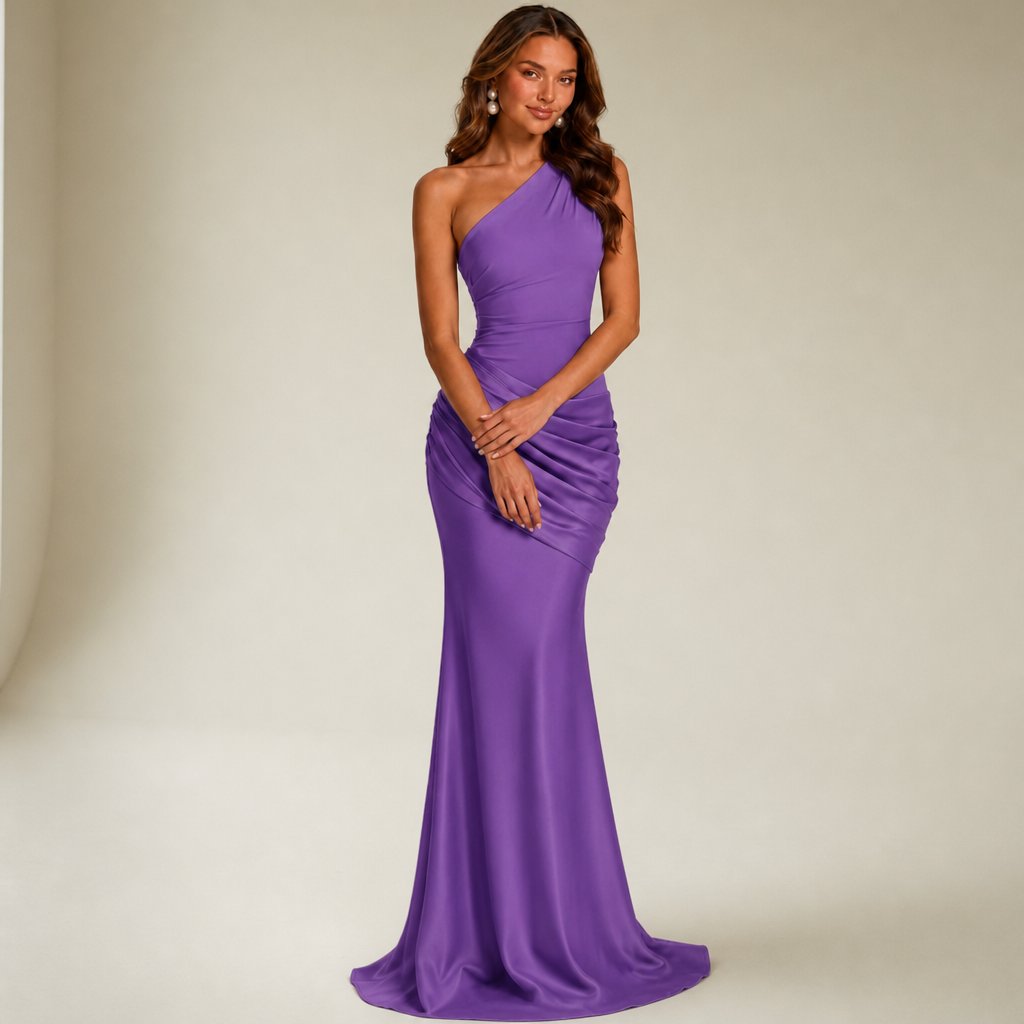 Merano One Shoulder Satin Gown in Purple