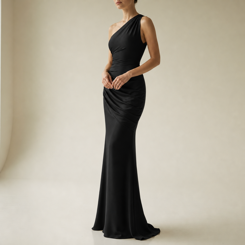 Merano One Shoulder Satin Gown in Black