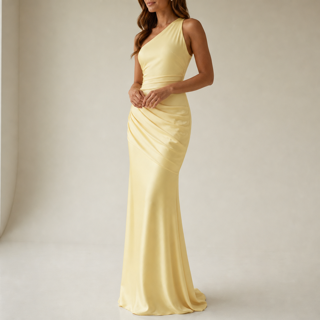 Merano One Shoulder Satin Gown in Yellow