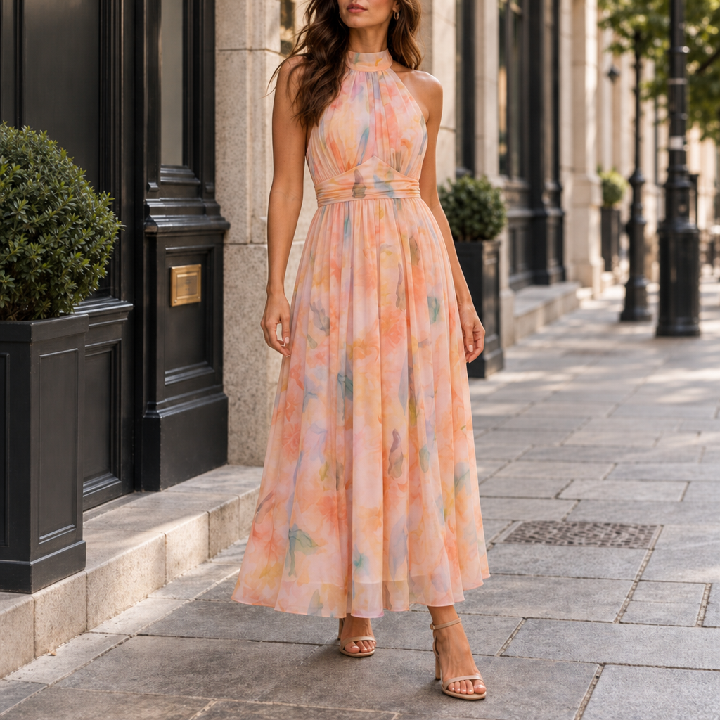 Merida Floral Halter Maxi Dress in Peach