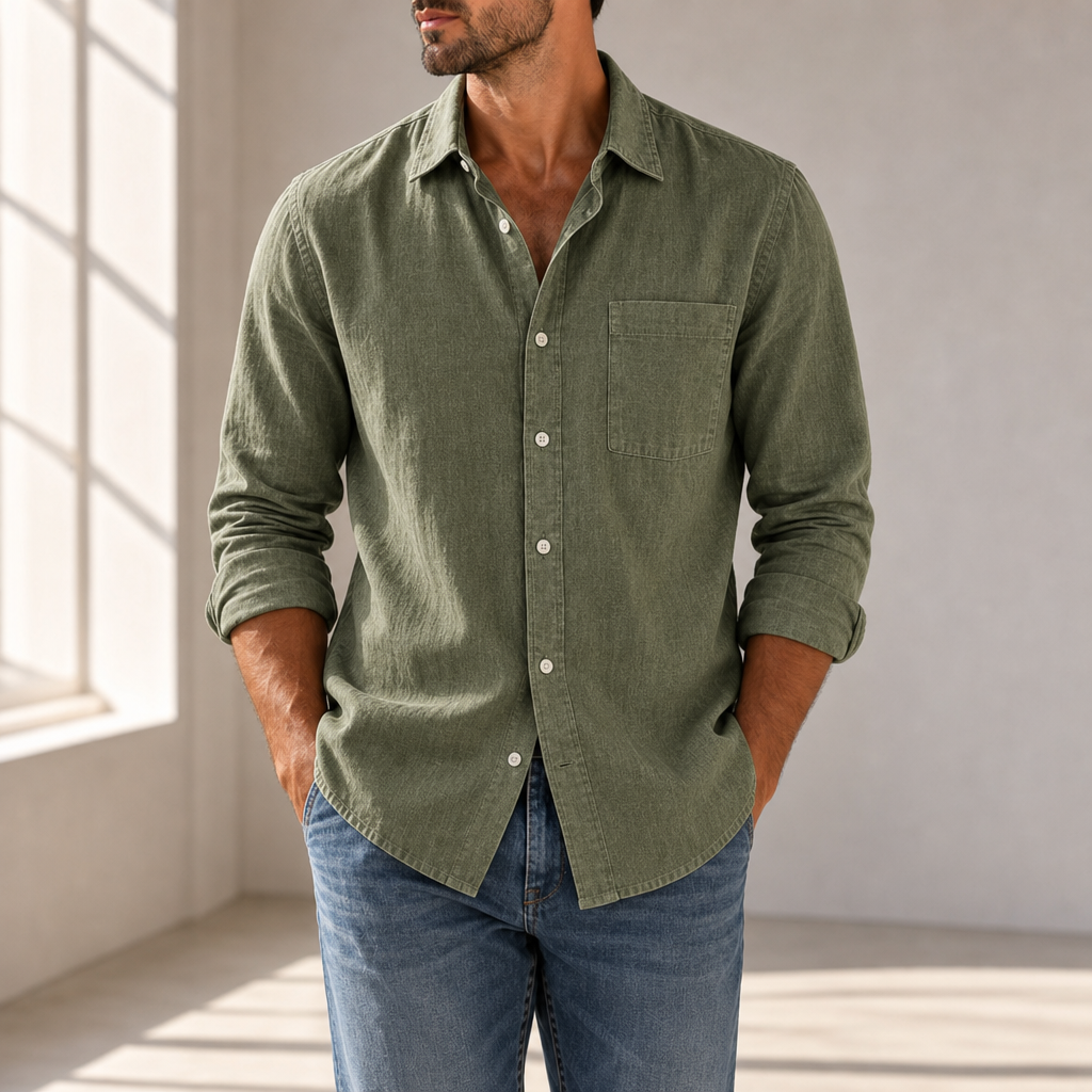 Meteora Casual Cotton Button-Up in Army Green