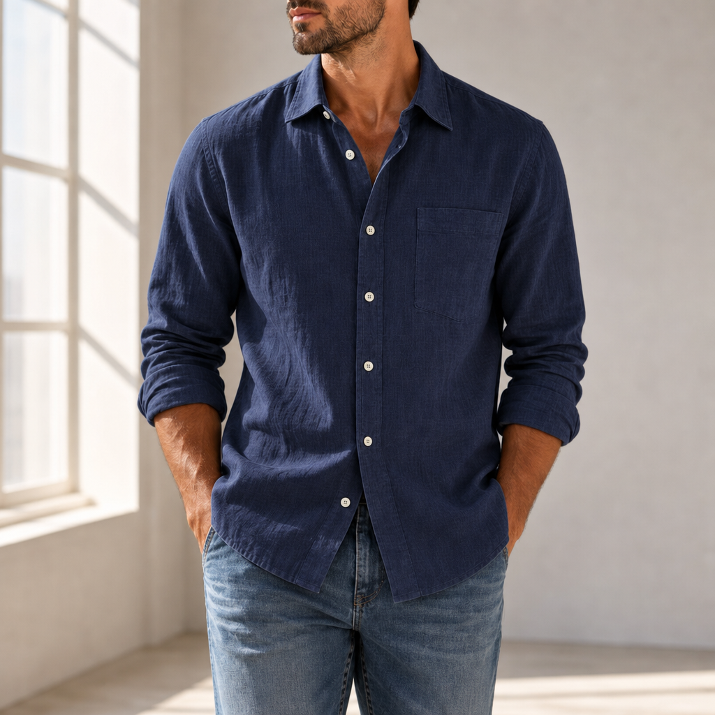 Meteora Casual Cotton Button-Up in Navy Blue