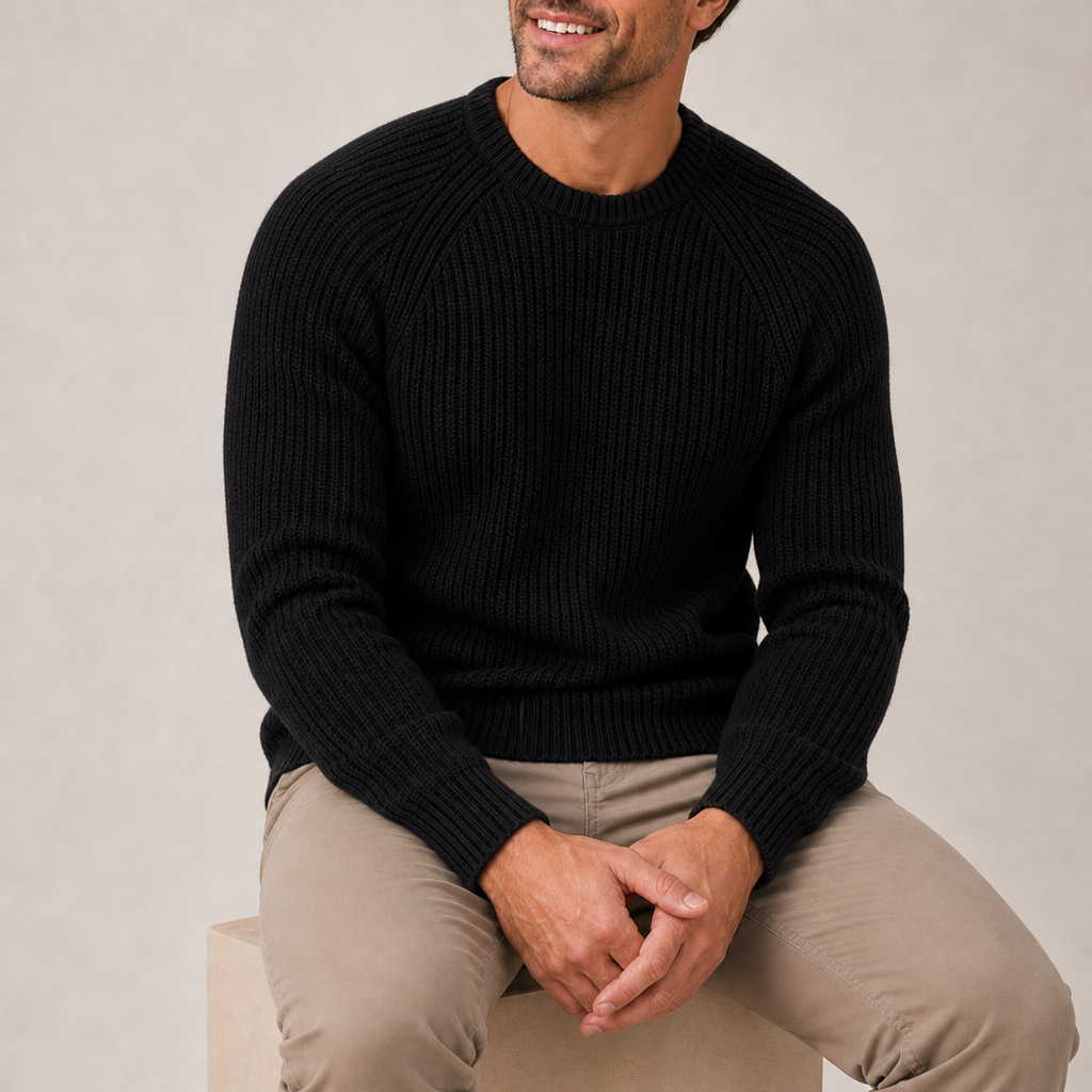 Milos Fisherman Rib Knit Sweater in Black