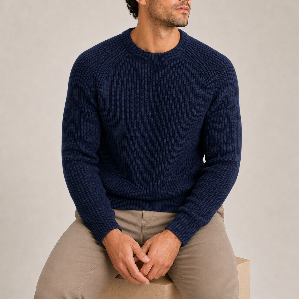 Milos Fisherman Rib Knit Sweater in Navy