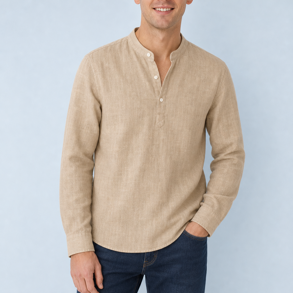 Milos Grandad Collar Linen Shirt in Beige