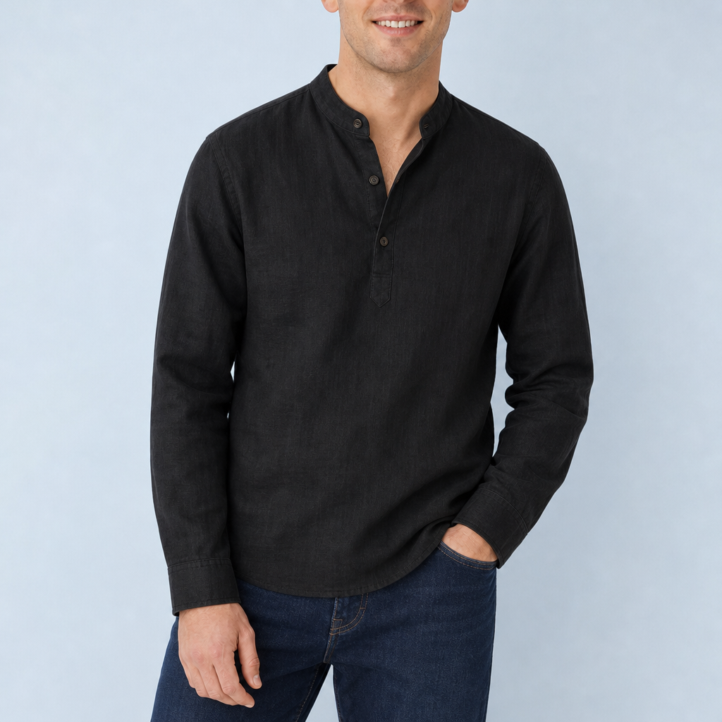 Milos Grandad Collar Linen Shirt in Black