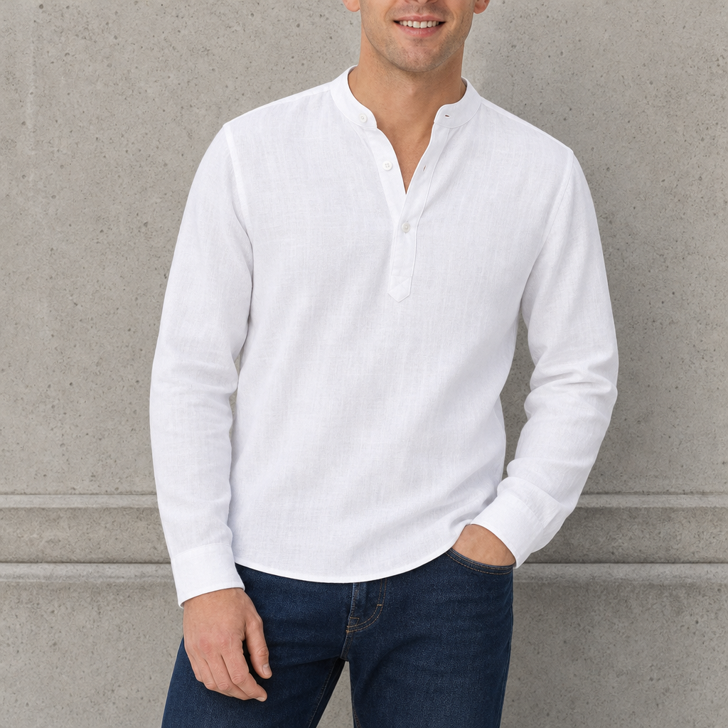 Milos Grandad Collar Linen Shirt in White
