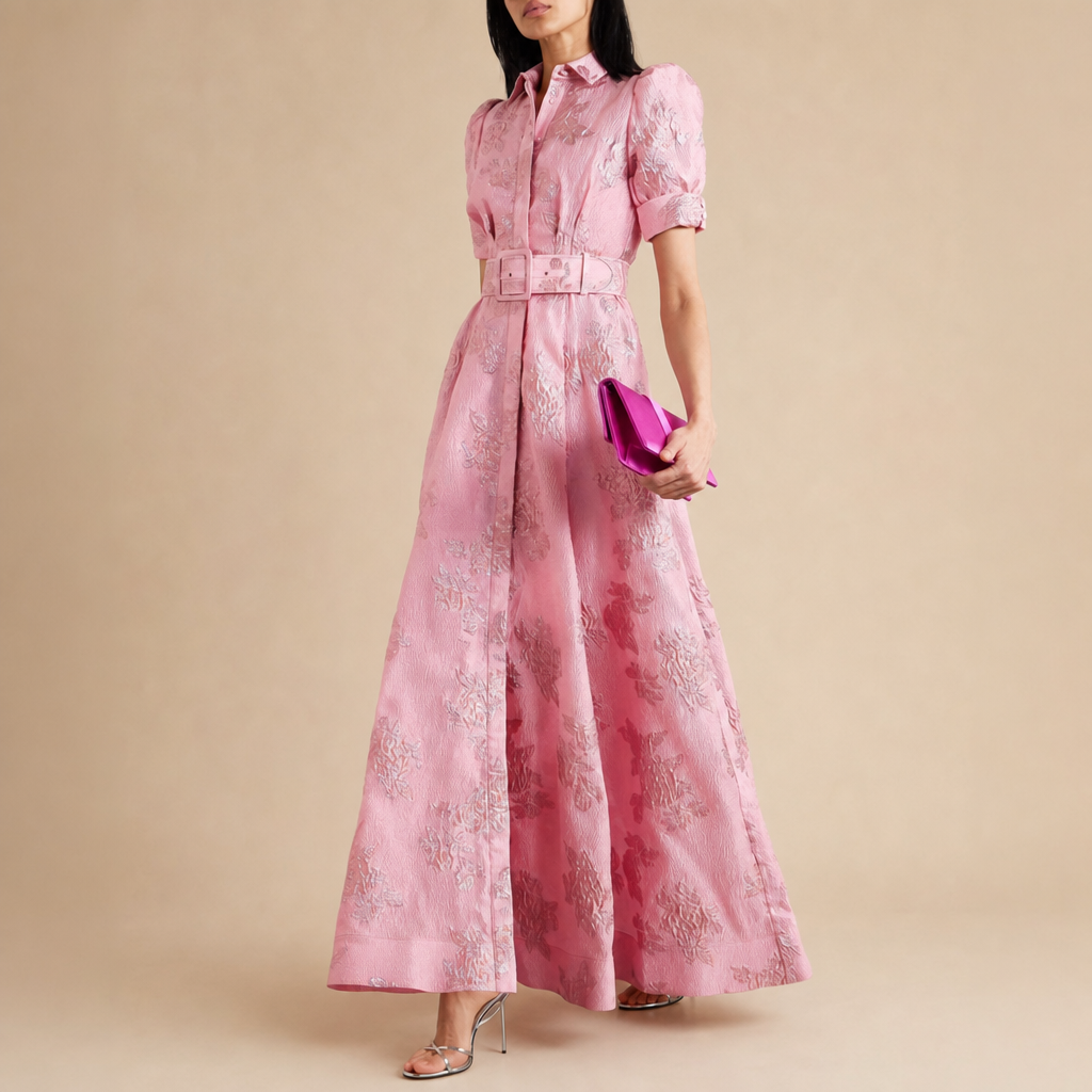 Modica Belted Jacquard Maxi Dress in Pink