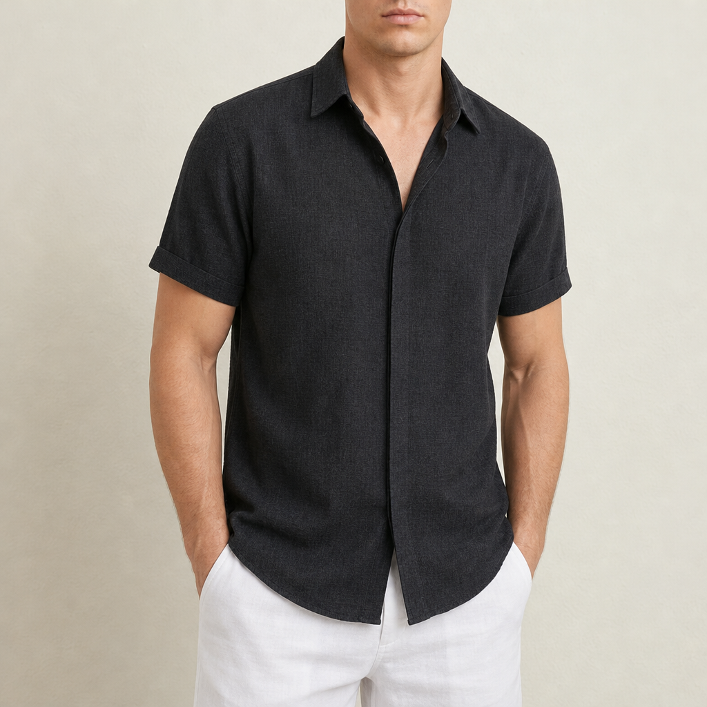 Mojacar Linen Short Sleeve Shirt in Black