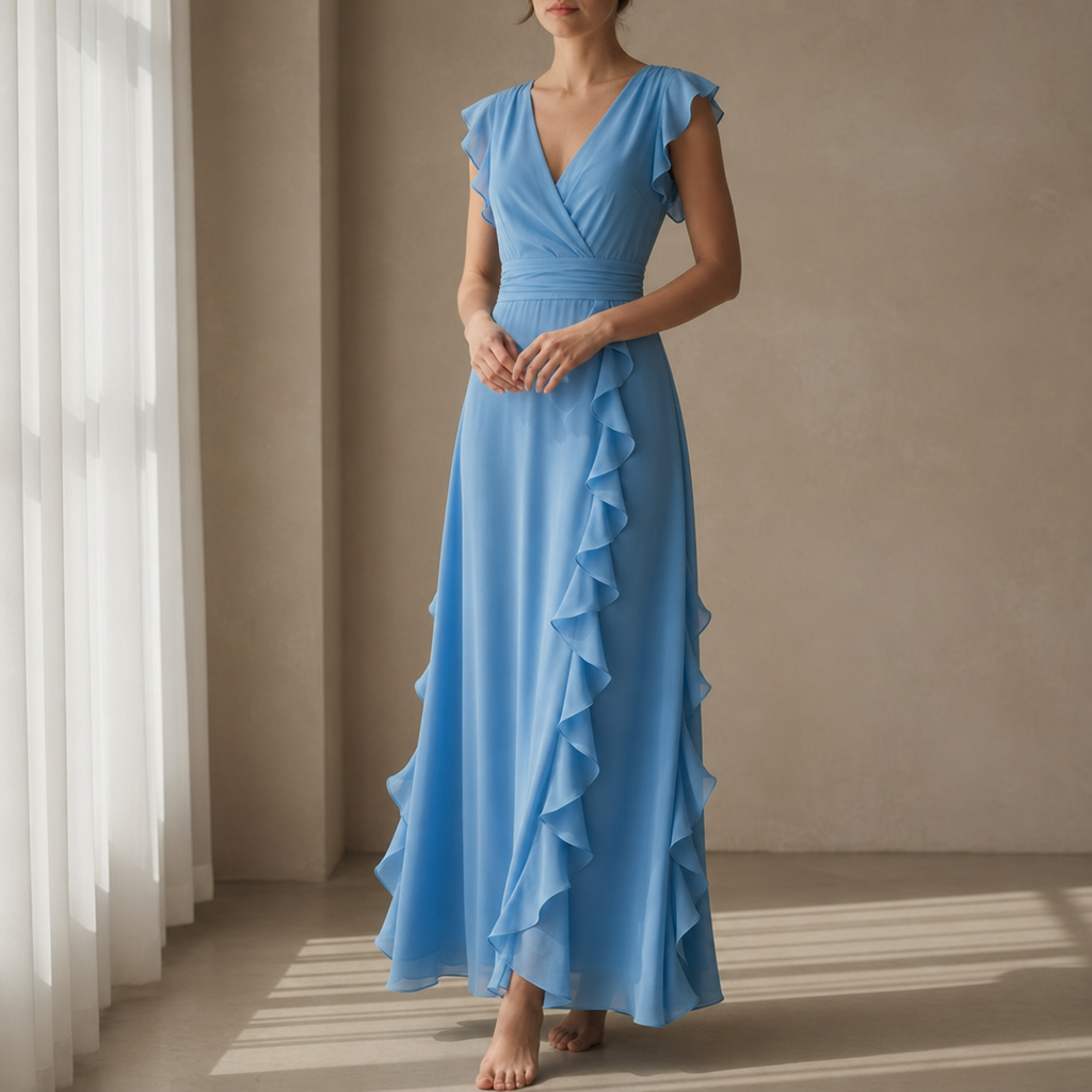 Monreale Ruffle Chiffon Maxi Dress in Blue